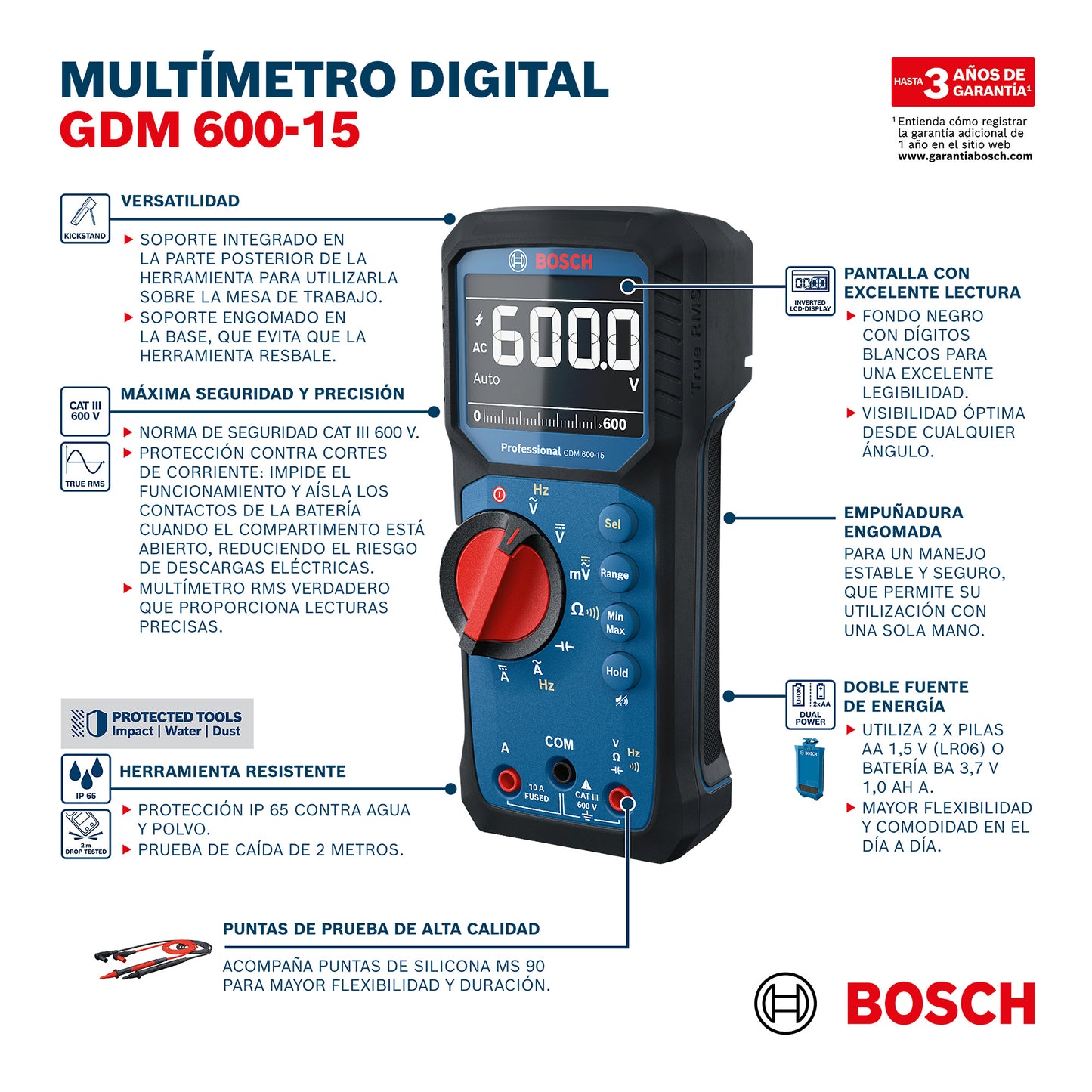 Multímetro Digital Bosch Gdm 600-15 600v + Bateria 3.7v 1.0 Ah