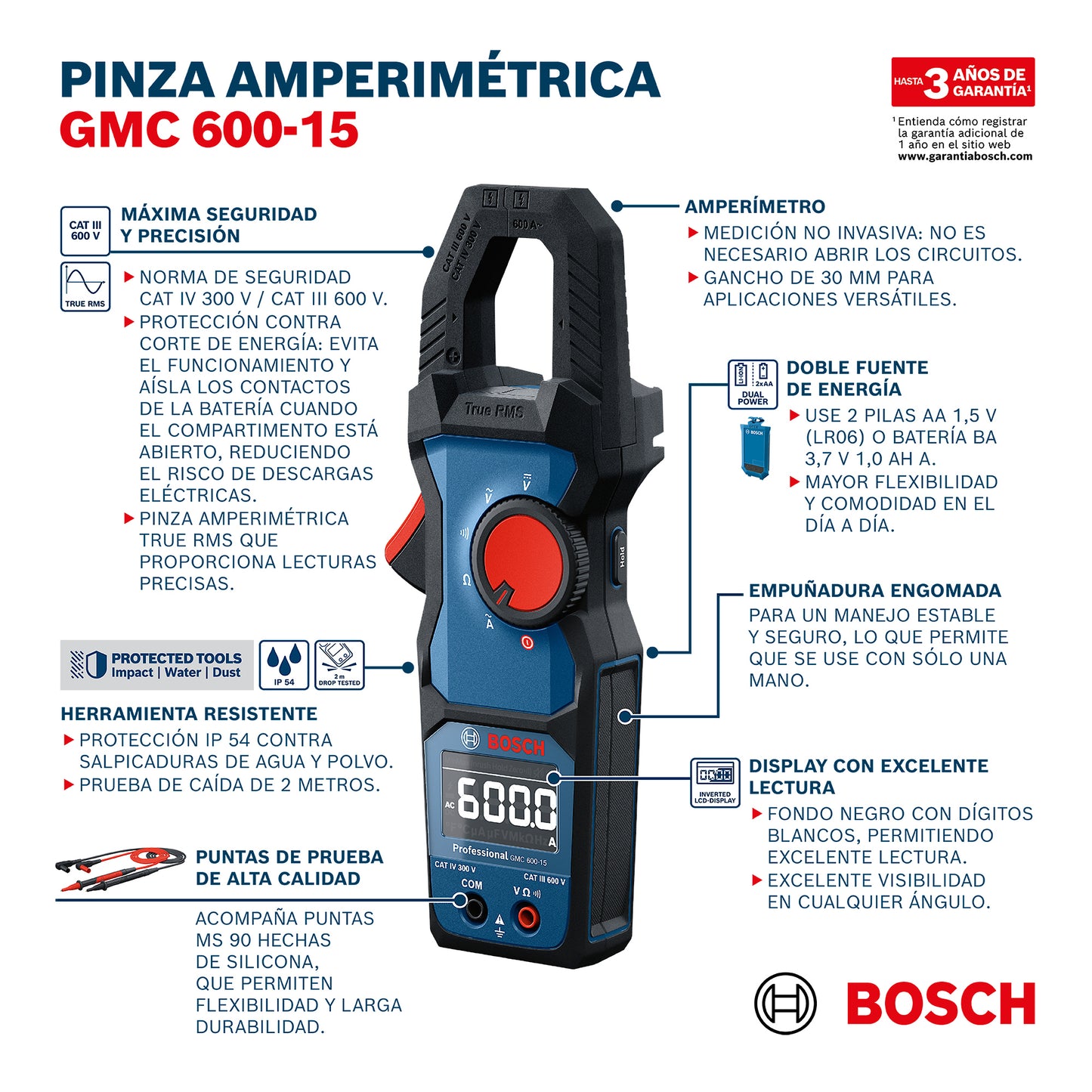 Alicates Amperímetros Bosch Gmc 600-15 + Bateria 3.7v 1.0ah