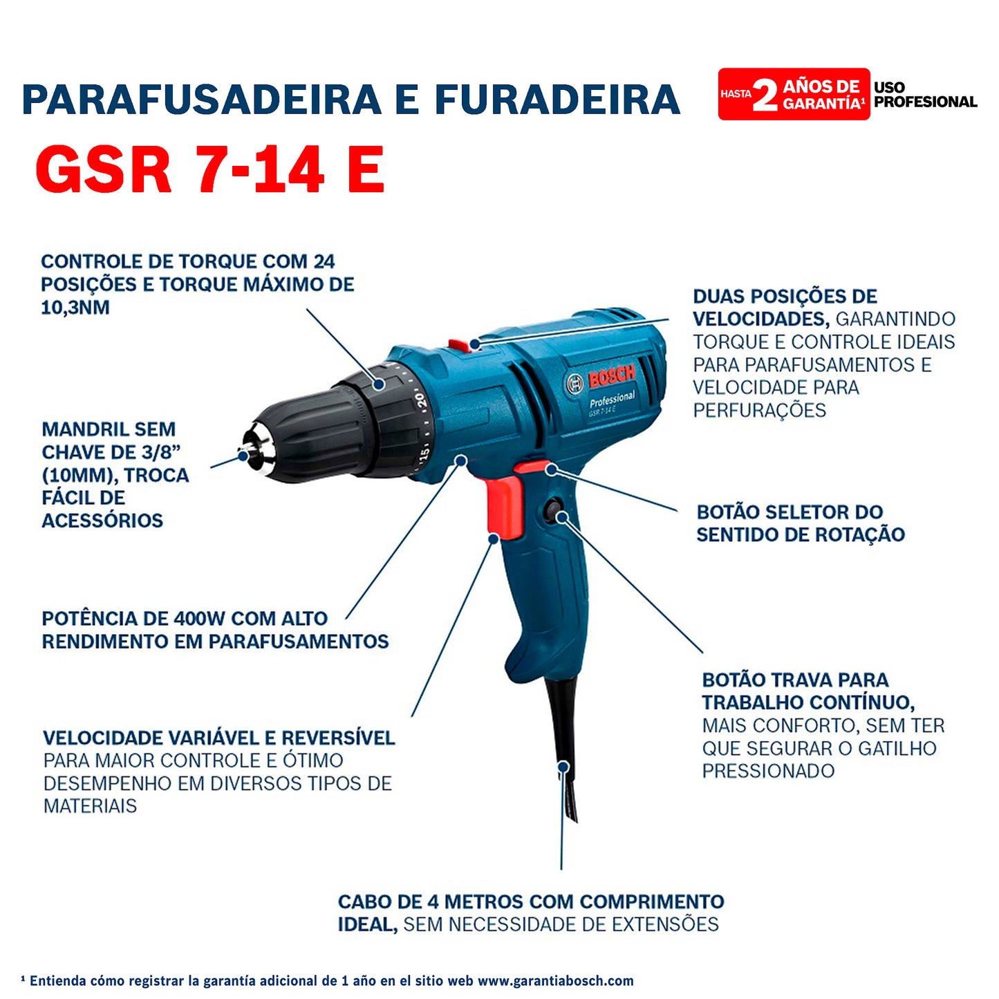 Taladro Atornillador Bosch Gsr 7-14 E 400w 127v Cable 4m