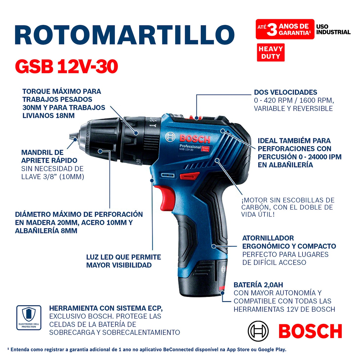 Bosch Rotomartillo de Batería GSB 12V-30 Inalámbrico 3/8" 12V (Baterias y Cargador)