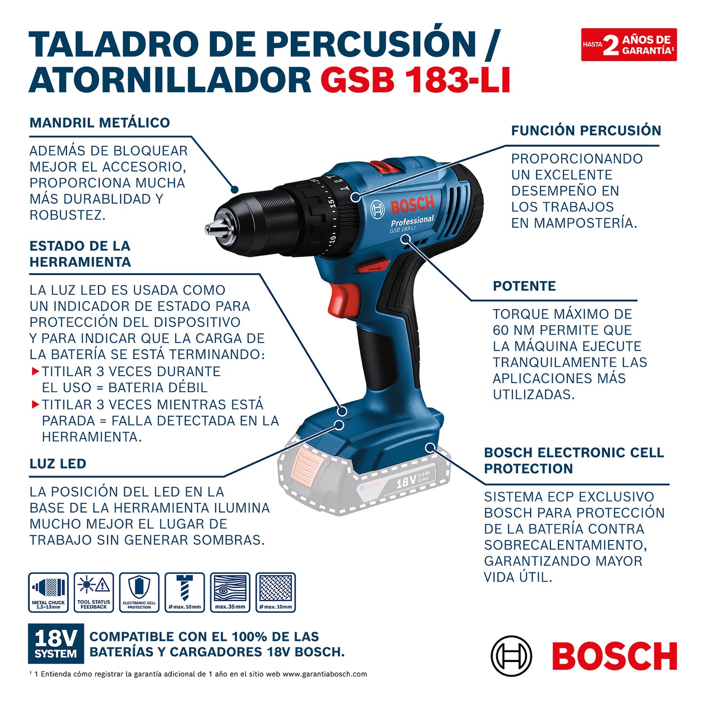 Taladro Percutor Bosch Gsb 183-li 18v Azul Sin Batería