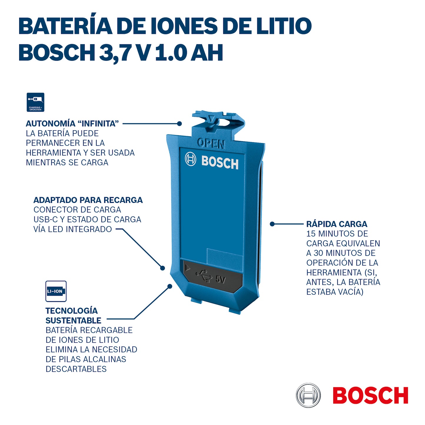 Bateria Li-on Recargable 3,7v 1.0ah Bosch P/laser Glm 50-27c